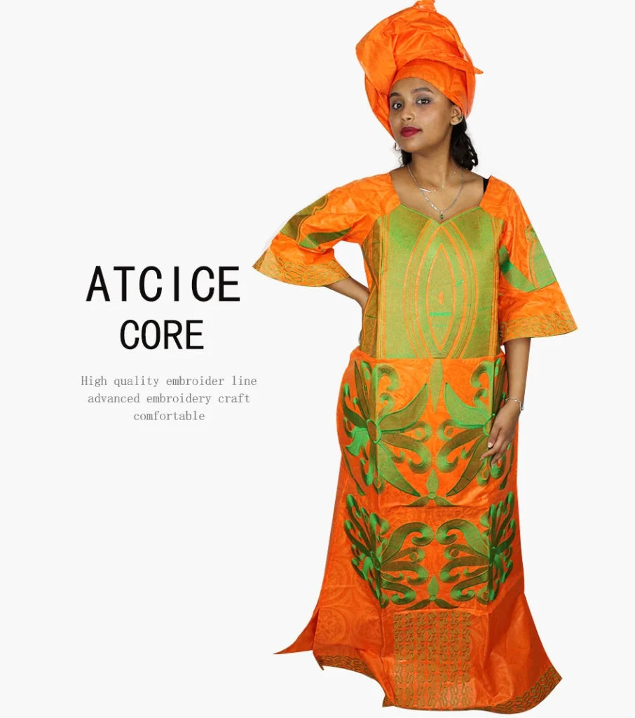 African Dress For Woman Bazin Riche Embroidery Design Floor Length Dress With Scarf - Free Delivery Worldwide only at Flexi Africa