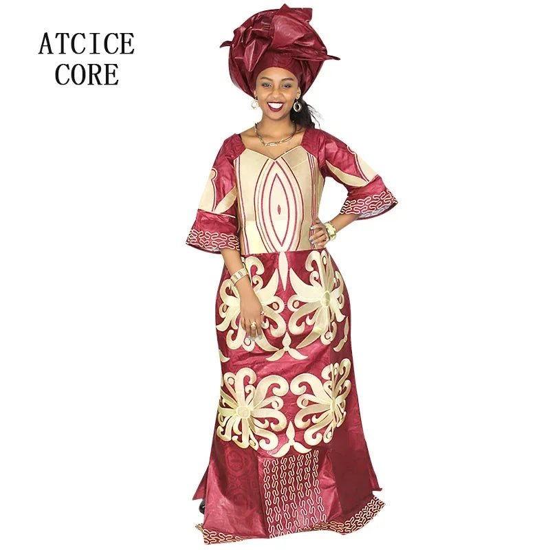 African Dress For Woman Bazin Riche Embroidery Design Floor Length Dress With Scarf - Free Delivery Worldwide only at Flexi Africa