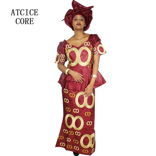 African Dress For Women Bazin Riche Embroidery Design Top Wrapper With Scarf - Free Delivery Worldwide only at Flexi Africa