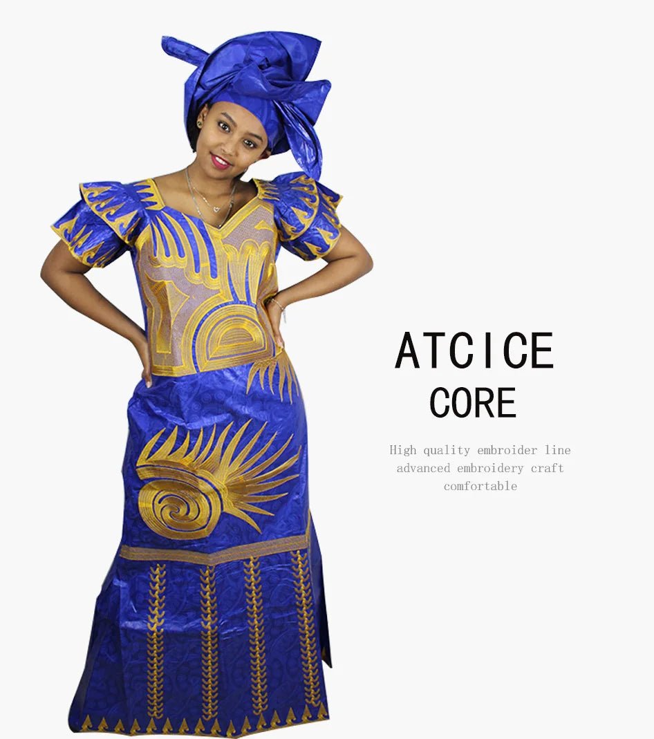 African Dresses for Women – Fashionable Long Dress with Embroidery Design & Matching Scarf - Free Delivery Worldwide only at Flexi Africa