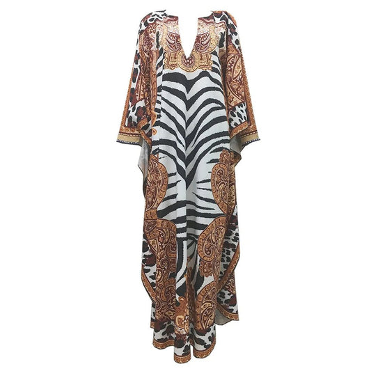 African Dresses for Women Plus Size Zebra Printed Dashiki Elegant Ladies Gown Abaya Kaftan Bat Sleeve V - neck Robes - Free Delivery Worldwide only at Flexi Africa