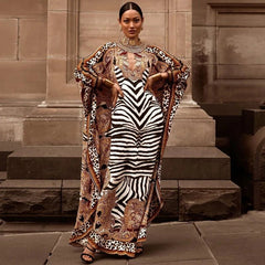 African Dresses for Women Plus Size Zebra Printed Dashiki Elegant Ladies Gown Abaya Kaftan Bat Sleeve V - neck Robes - Free Delivery Worldwide only at Flexi Africa