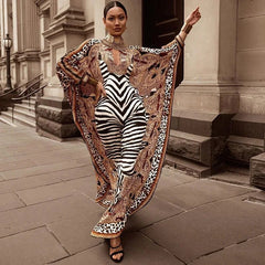 African Dresses for Women Plus Size Zebra Printed Dashiki Elegant Ladies Gown Abaya Kaftan Bat Sleeve V - neck Robes - Free Delivery Worldwide only at Flexi Africa