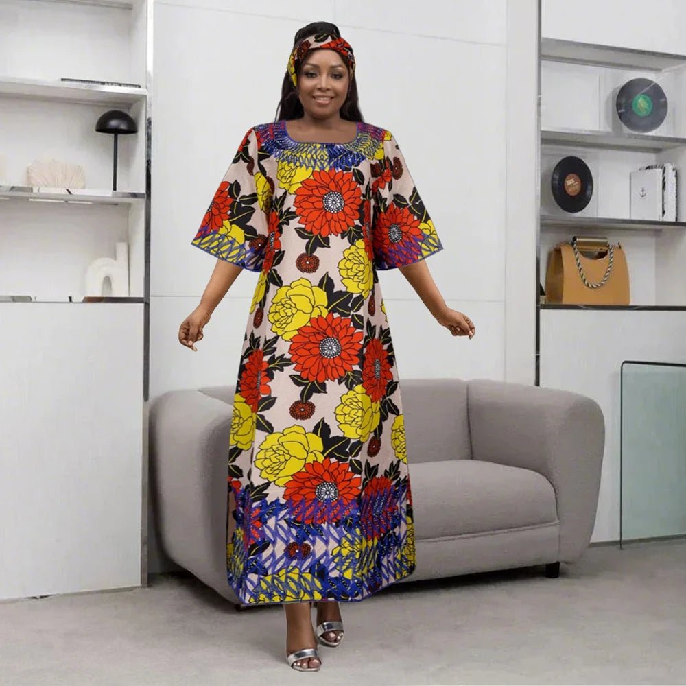 African Embroidered Bazin Dress for Women – Floral Boho Ankara Long Robes - Free Delivery Worldwide only at Flexi Africa