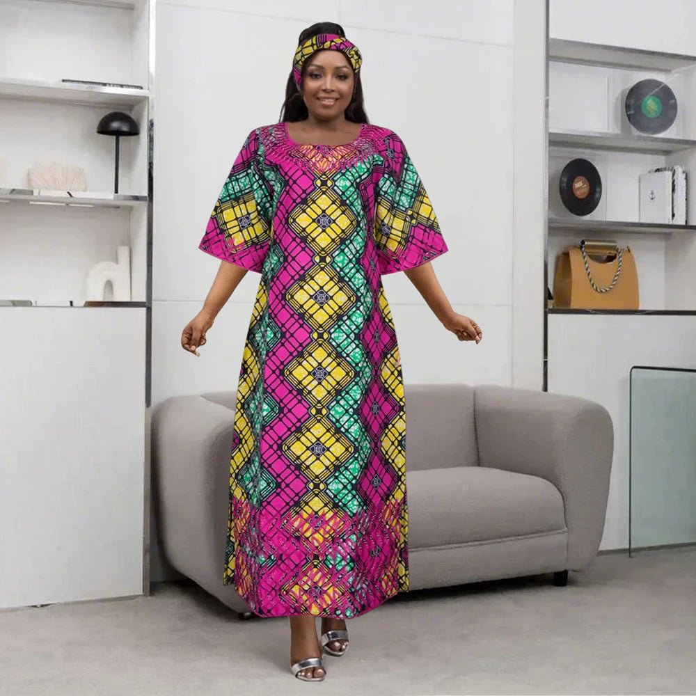 African Embroidered Bazin Dress for Women – Floral Boho Ankara Long Robes - Free Delivery Worldwide only at Flexi Africa