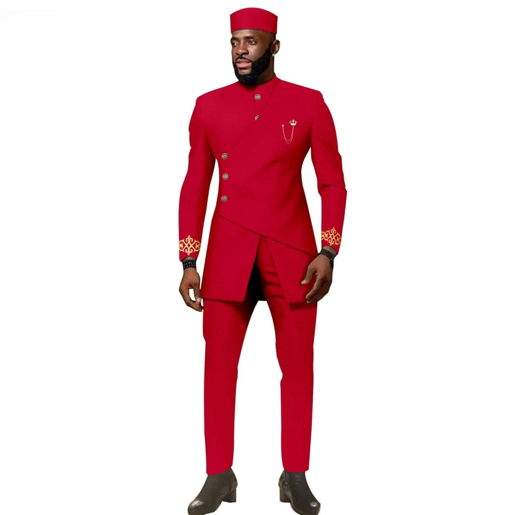 African Ethnic New Men's Casual Suit - Refined and Fitted Style - Party Dress - Fashionable Men's Clothing (Top + Pants + Hat) - Free Delivery Worldwide only at Flexi Africa