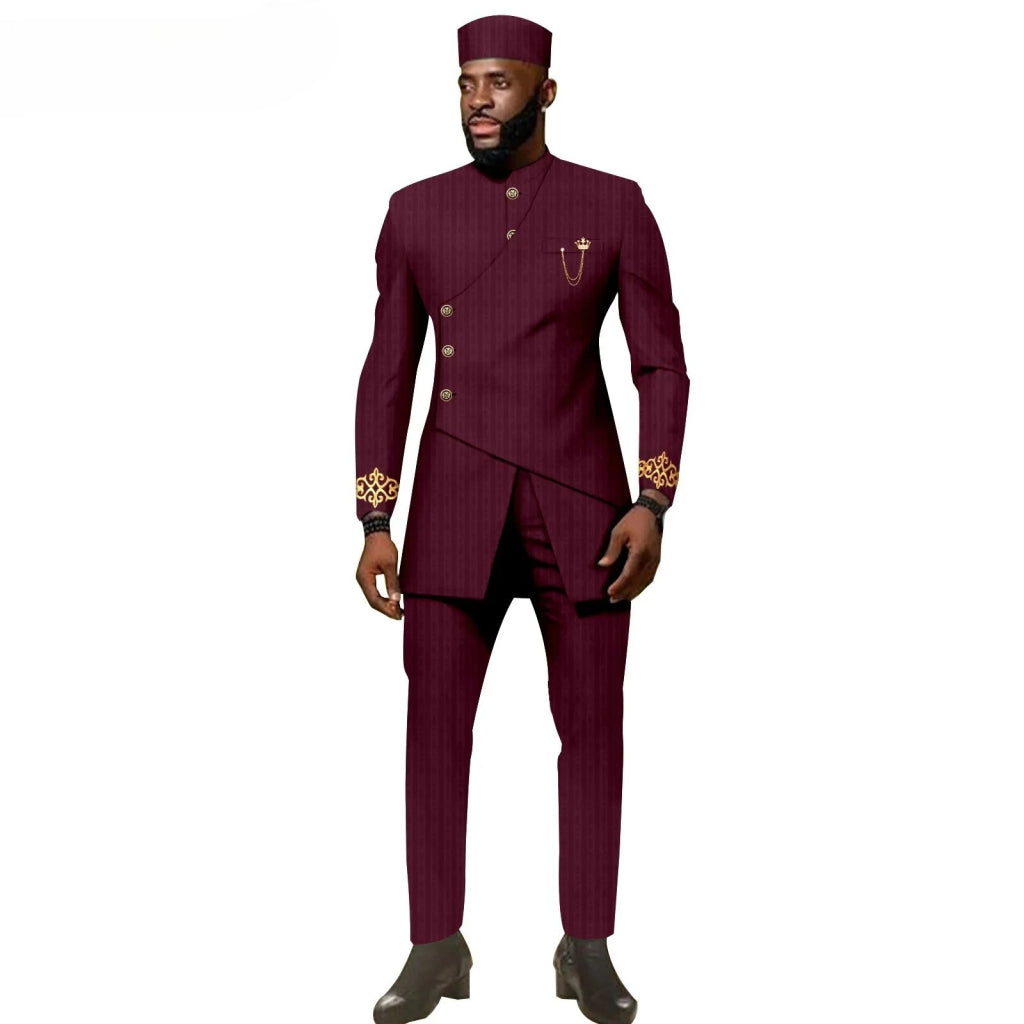 African Ethnic New Men's Casual Suit - Refined and Fitted Style - Party Dress - Fashionable Men's Clothing (Top + Pants + Hat) - Free Delivery Worldwide only at Flexi Africa