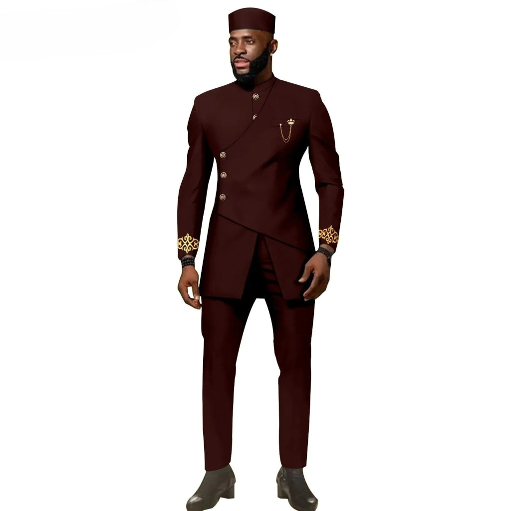 African Ethnic New Men's Casual Suit - Refined and Fitted Style - Party Dress - Fashionable Men's Clothing (Top + Pants + Hat) - Free Delivery Worldwide only at Flexi Africa
