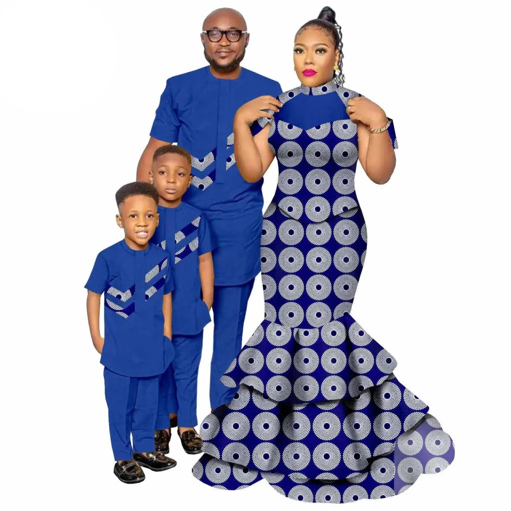 African Family Matching Outfits – Dashiki Women’s Long Mermaid Dress with Men & Boys Shirt and Pant Sets, - Free Delivery Worldwide only at Flexi Africa
