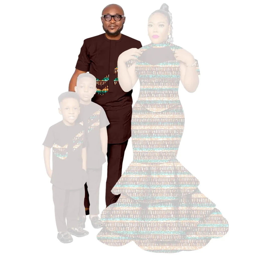 African Family Matching Outfits – Dashiki Women’s Long Mermaid Dress with Men & Boys Shirt and Pant Sets, - Free Delivery Worldwide only at Flexi Africa