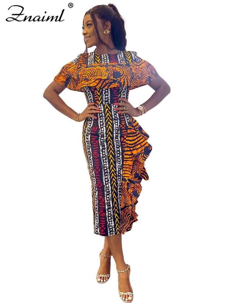 African Festival Print Midi Dress – Elegant Short Sleeve Ruffle Bodycon Summer Outfit - Free Delivery Worldwide only at Flexi Africa