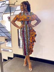 African Festival Print Midi Dress – Elegant Short Sleeve Ruffle Bodycon Summer Outfit - Free Delivery Worldwide only at Flexi Africa