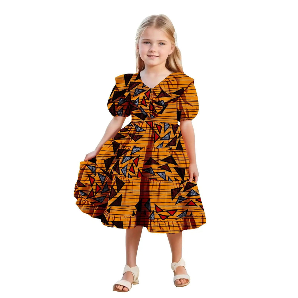African Girls’ Ankara Print Dress with Double Ruffle Collar – Bazin Riche Children’s Party Dress - Free Delivery Worldwide only at Flexi Africa