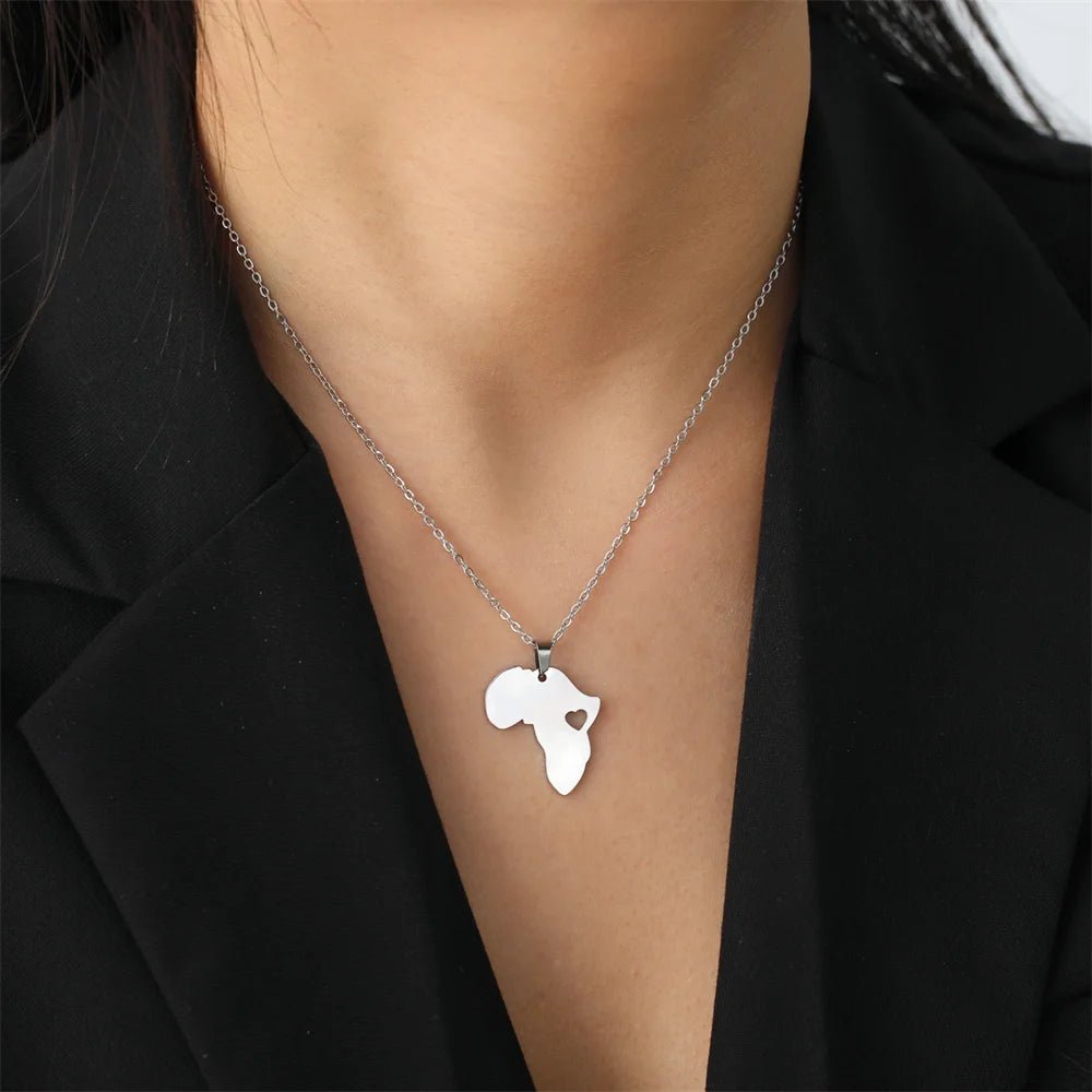 African Heart Stainless Steel Necklace: Symbolic South Africa Map Pendant - Flexi Africa - Flexi Africa offers Free Delivery Worldwide - Vibrant African traditional clothing showcasing bold prints and intricate designs