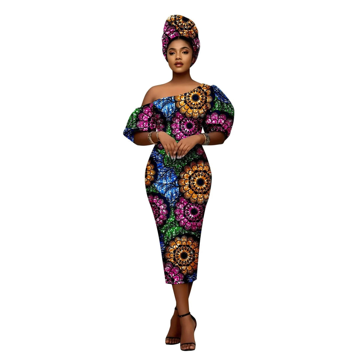 African Heritage Dress – Slim Fit Dashiki Gown with Puff Sleeves and Headwrap - Free Delivery Worldwide only at Flexi Africa