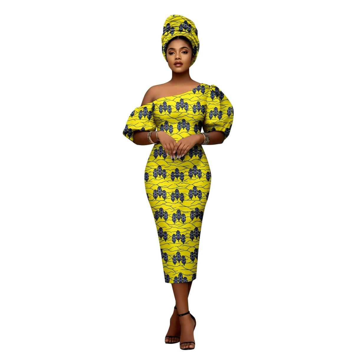 African Heritage Dress – Slim Fit Dashiki Gown with Puff Sleeves and Headwrap - Free Delivery Worldwide only at Flexi Africa