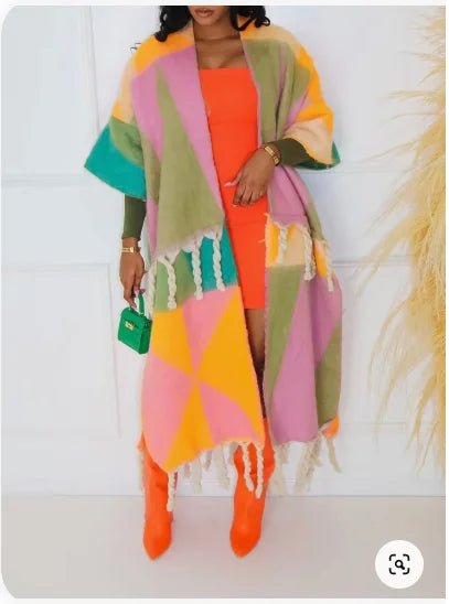 African-inspired Plus Size Casual Print Fringe Cardigans: Stylish Ankle Length Outwear for Winter - Flexi Africa - Flexi Africa offers Free Delivery Worldwide - Vibrant African traditional clothing showcasing bold prints and intricate designs