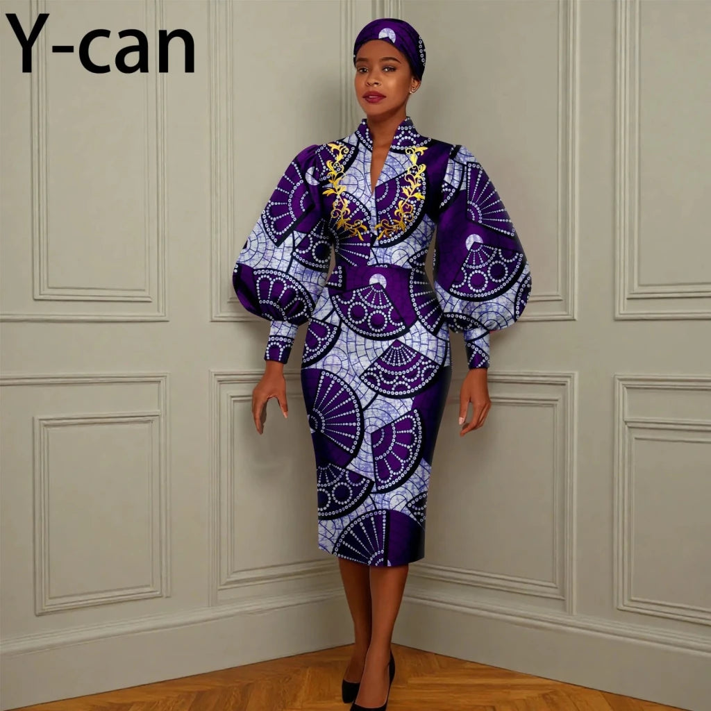 African Long Party Dress for Women – Puff Sleeve V - Neck Slim Dress Free Delivery Worldwide only at Flexi Africa