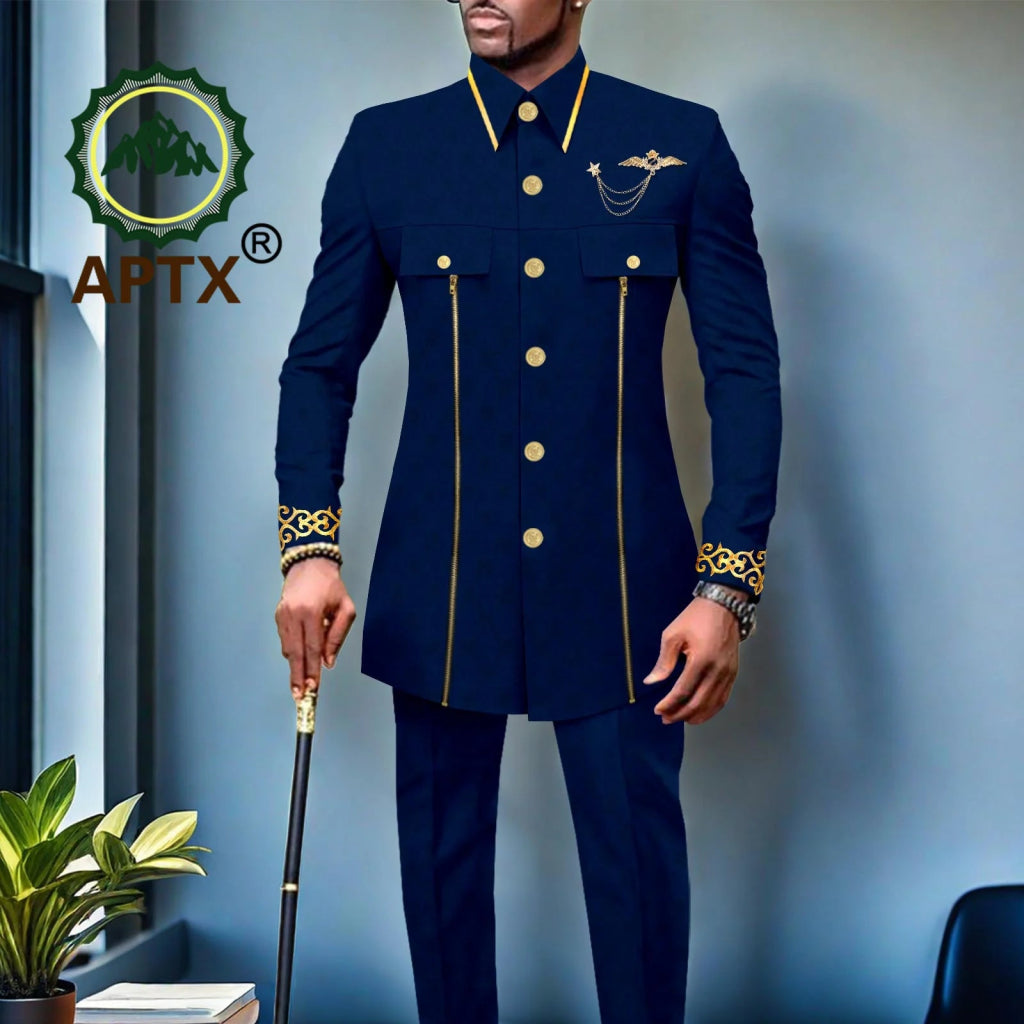 African Men’s Bazin Riche Suit – Gold Embroidered Coat and Pants Set for Weddings and Formal Occasions - Free Delivery Worldwide only at Flexi Africa