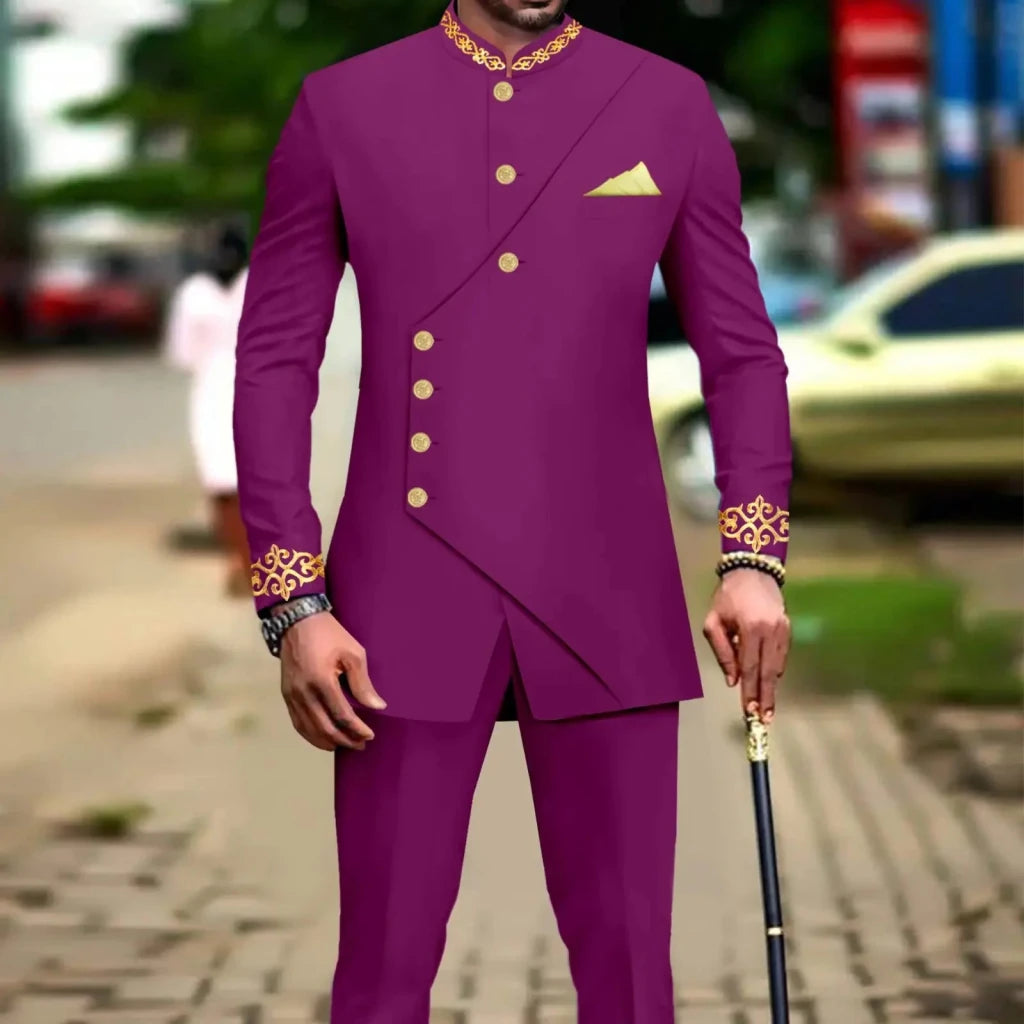 African Men’s Slim - Fit Suit Set – Double - Breasted Embroidered Blazer & Matching Trousers, Full - Sleeve Formal Business Attire - Free Delivery Worldwide only at Flexi Africa