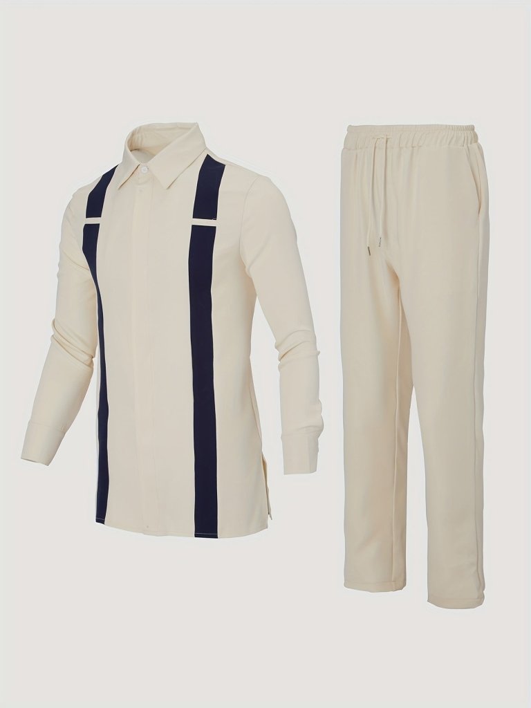 African Men’s Stripe Pattern Outfit Set – Long Sleeve Cultural Robe & Matching Drawstring Pants - Free Delivery Worldwide only at Flexi Africa