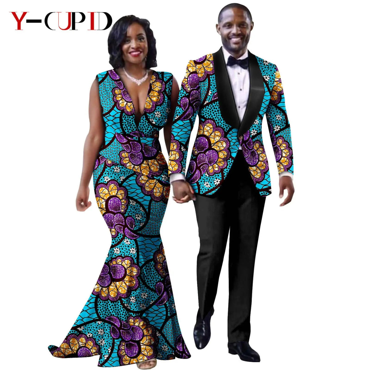 African Mermaid Dress & Matching Men’s Suit Set – Dashiki Couple Outfit for Weddings and Special Events - Free Delivery Worldwide only at Flexi Africa