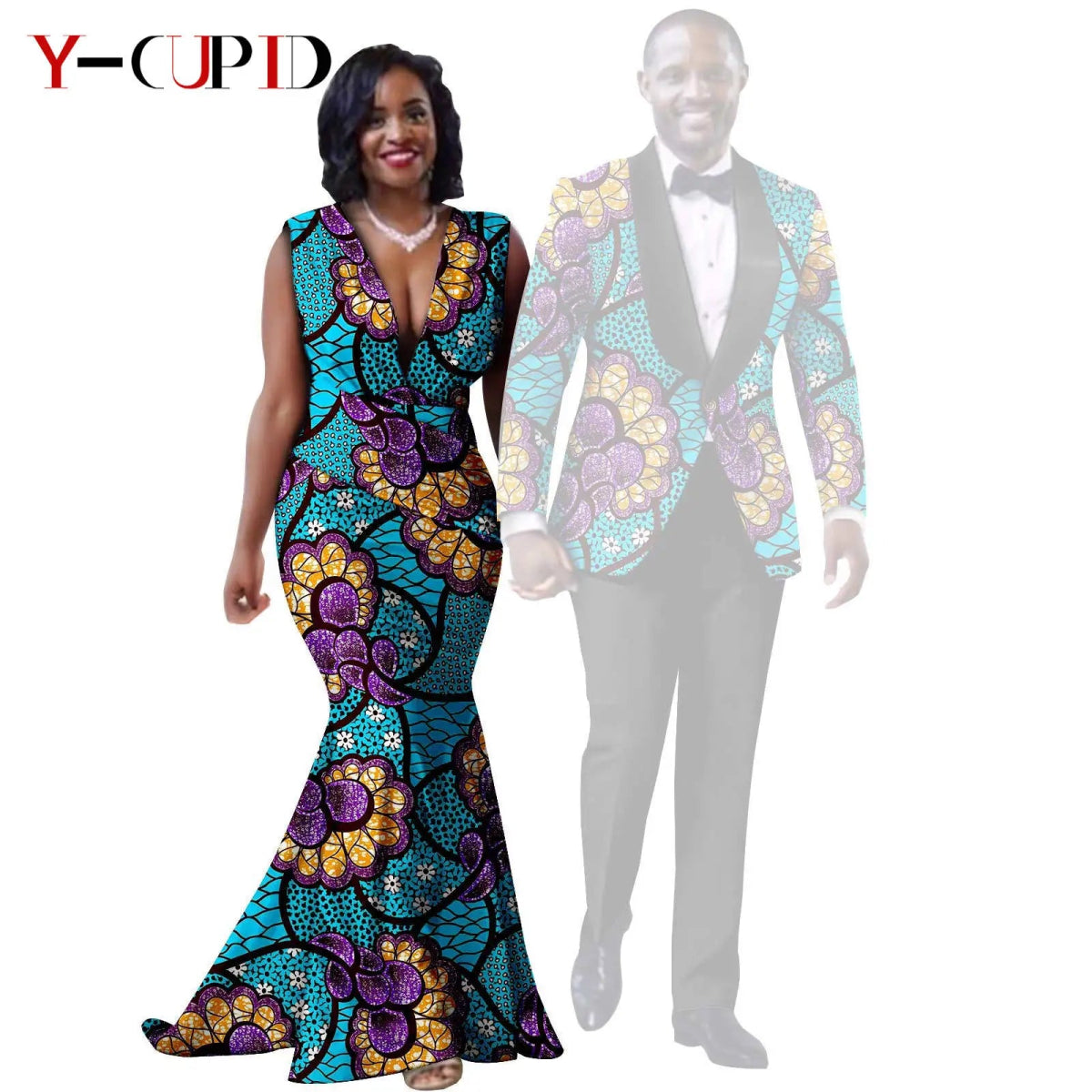 African Mermaid Dress & Matching Men’s Suit Set – Dashiki Couple Outfit for Weddings and Special Events - Free Delivery Worldwide only at Flexi Africa