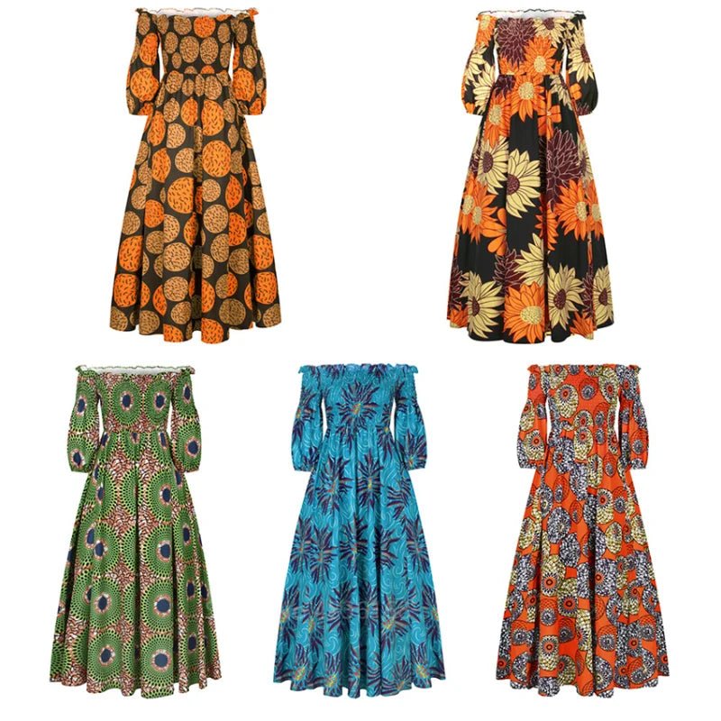 African National Print Party Dress Women Casual Sexy Slash - neck Lady Maxi Dress New Vintage Long - sleeved Loose Elegant Dresses - Free Delivery Worldwide only at Flexi Africa