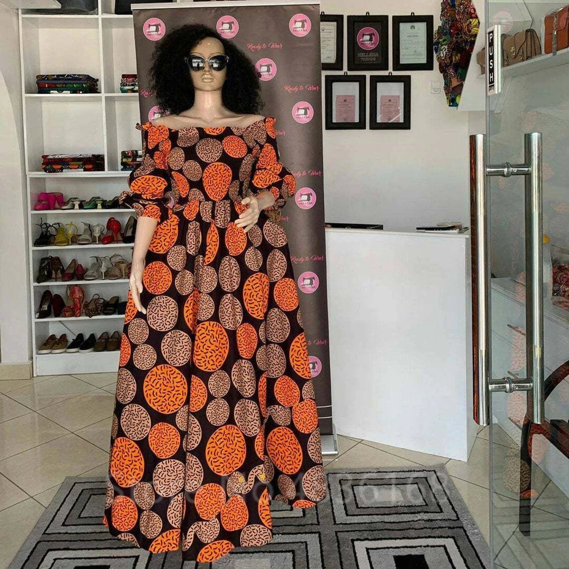 African National Print Party Dress Women Casual Sexy Slash - neck Lady Maxi Dress New Vintage Long - sleeved Loose Elegant Dresses - Free Delivery Worldwide only at Flexi Africa