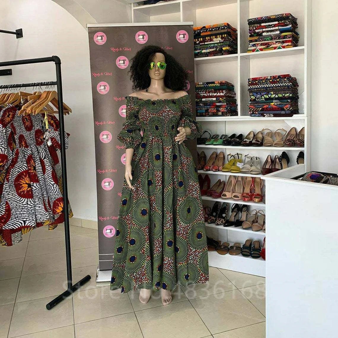 African National Print Party Dress Women Casual Sexy Slash - neck Lady Maxi Dress New Vintage Long - sleeved Loose Elegant Dresses - Free Delivery Worldwide only at Flexi Africa