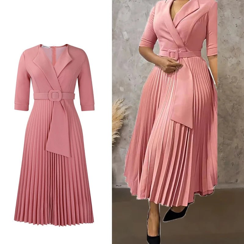 African Pleated A - Line Dress for Women – V - Neck High - Waist Office Dress with Belt - Free Delivery Worldwide only at Flexi Africa