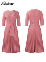 African Pleated A - Line Dress for Women – V - Neck High - Waist Office Dress with Belt - Free Delivery Worldwide only at Flexi Africa