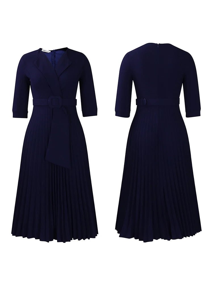 African Pleated A - Line Dress for Women – V - Neck High - Waist Office Dress with Belt - Free Delivery Worldwide only at Flexi Africa