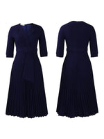 African Pleated A - Line Dress for Women – V - Neck High - Waist Office Dress with Belt - Free Delivery Worldwide only at Flexi Africa