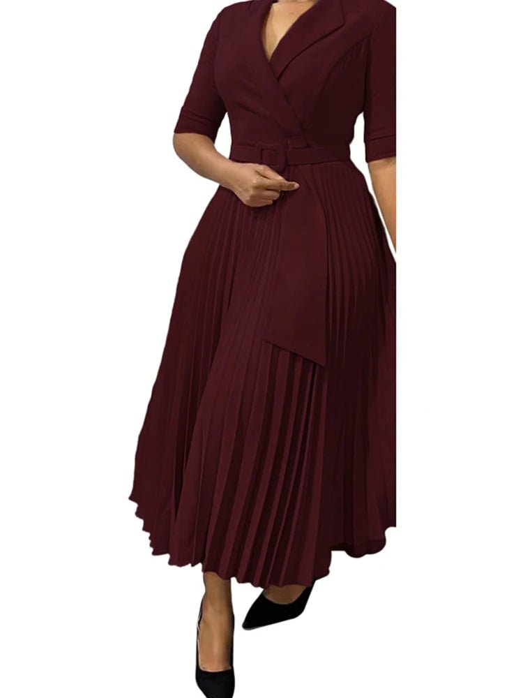 African Pleated A - Line Dress for Women – V - Neck High - Waist Office Dress with Belt - Free Delivery Worldwide only at Flexi Africa