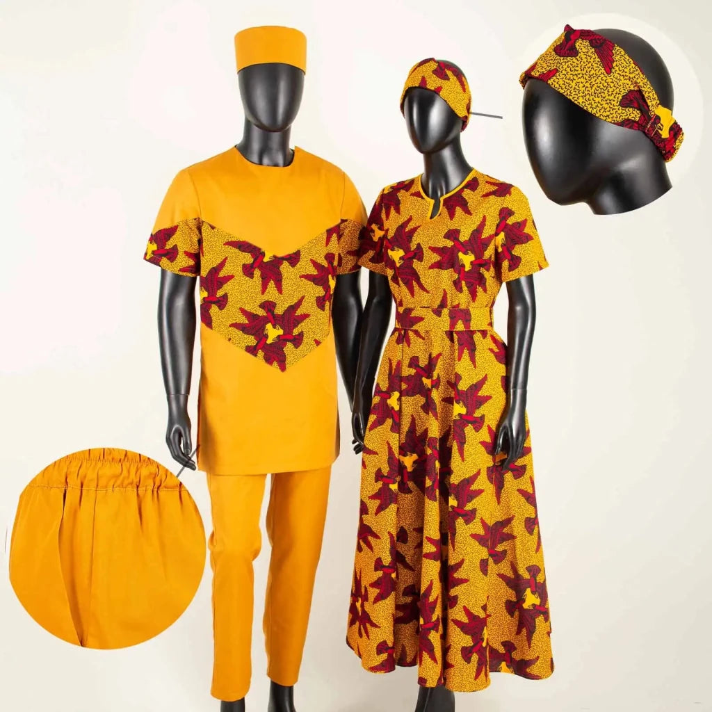African Print Couple Matching Set – Women’s Long Dress & Men’s Dashiki Pant Outfit - Free Delivery Worldwide only at Flexi Africa