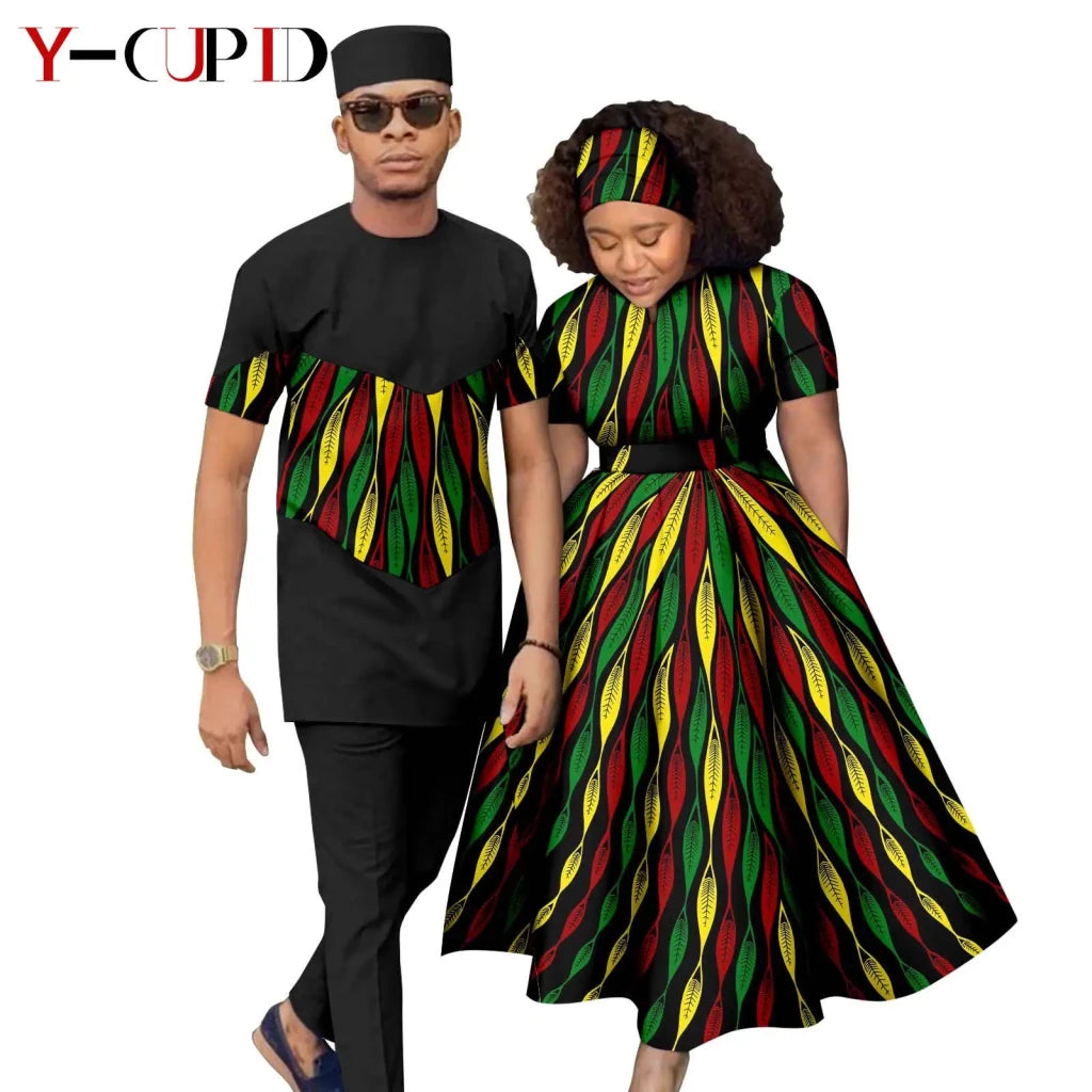 African Print Couple Matching Set – Women’s Long Dress & Men’s Dashiki Pant Outfit - Free Delivery Worldwide only at Flexi Africa