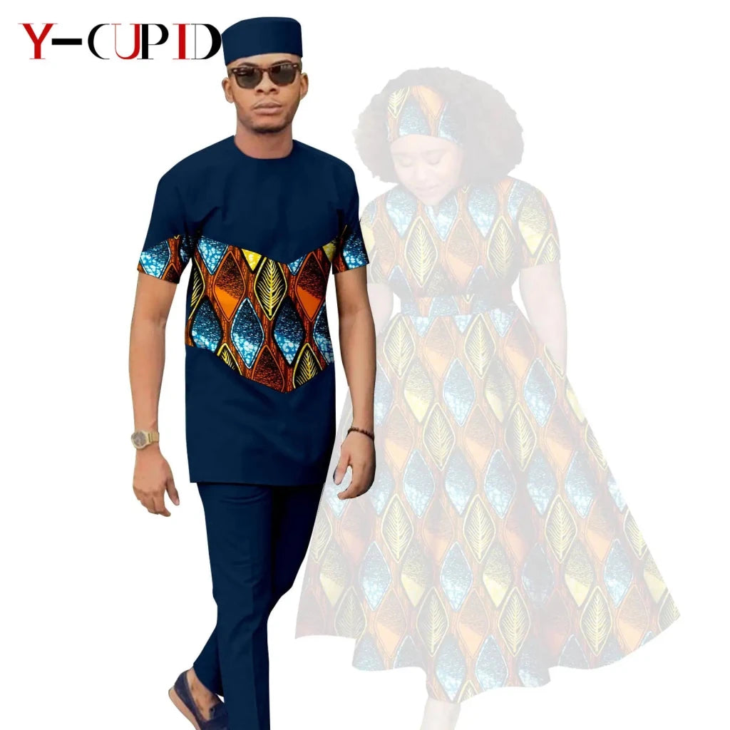 African Print Couple Matching Set – Women’s Long Dress & Men’s Dashiki Pant Outfit - Free Delivery Worldwide only at Flexi Africa