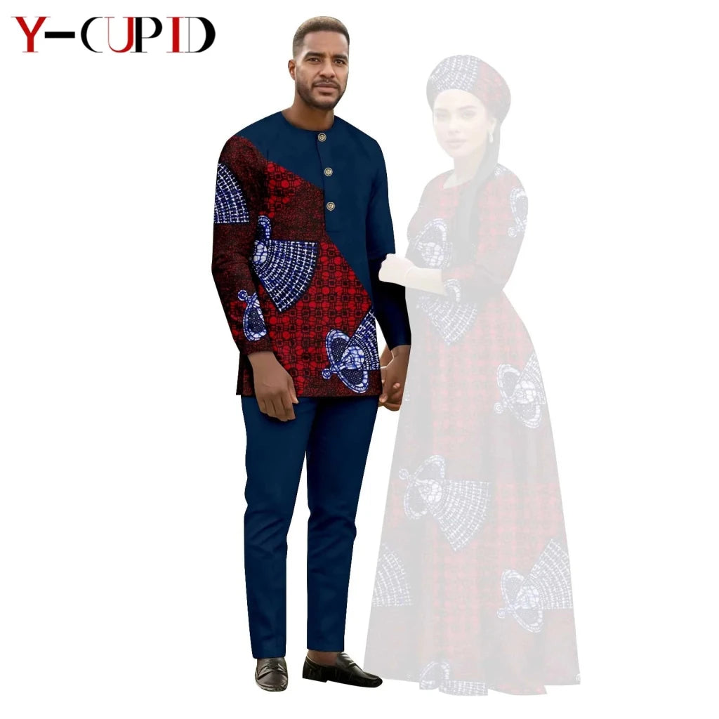 African Print Couple Outfit Set – Women’s Long Tutu Dress & Men’s Dashiki Suit Top and Pants - Free Delivery Worldwide only at Flexi Africa