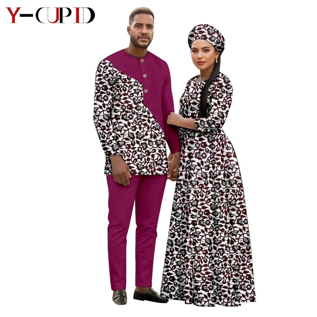 African Print Couple Outfit Set – Women’s Long Tutu Dress & Men’s Dashiki Suit Top and Pants - Free Delivery Worldwide only at Flexi Africa
