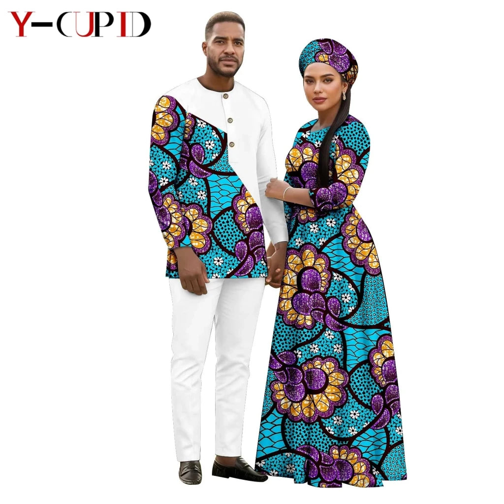 African Print Couple Outfit Set – Women’s Long Tutu Dress & Men’s Dashiki Suit Top and Pants - Free Delivery Worldwide only at Flexi Africa