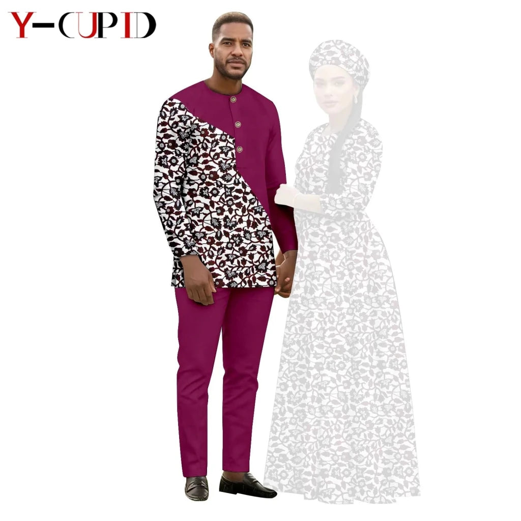African Print Couple Outfit Set – Women’s Long Tutu Dress & Men’s Dashiki Suit Top and Pants - Free Delivery Worldwide only at Flexi Africa