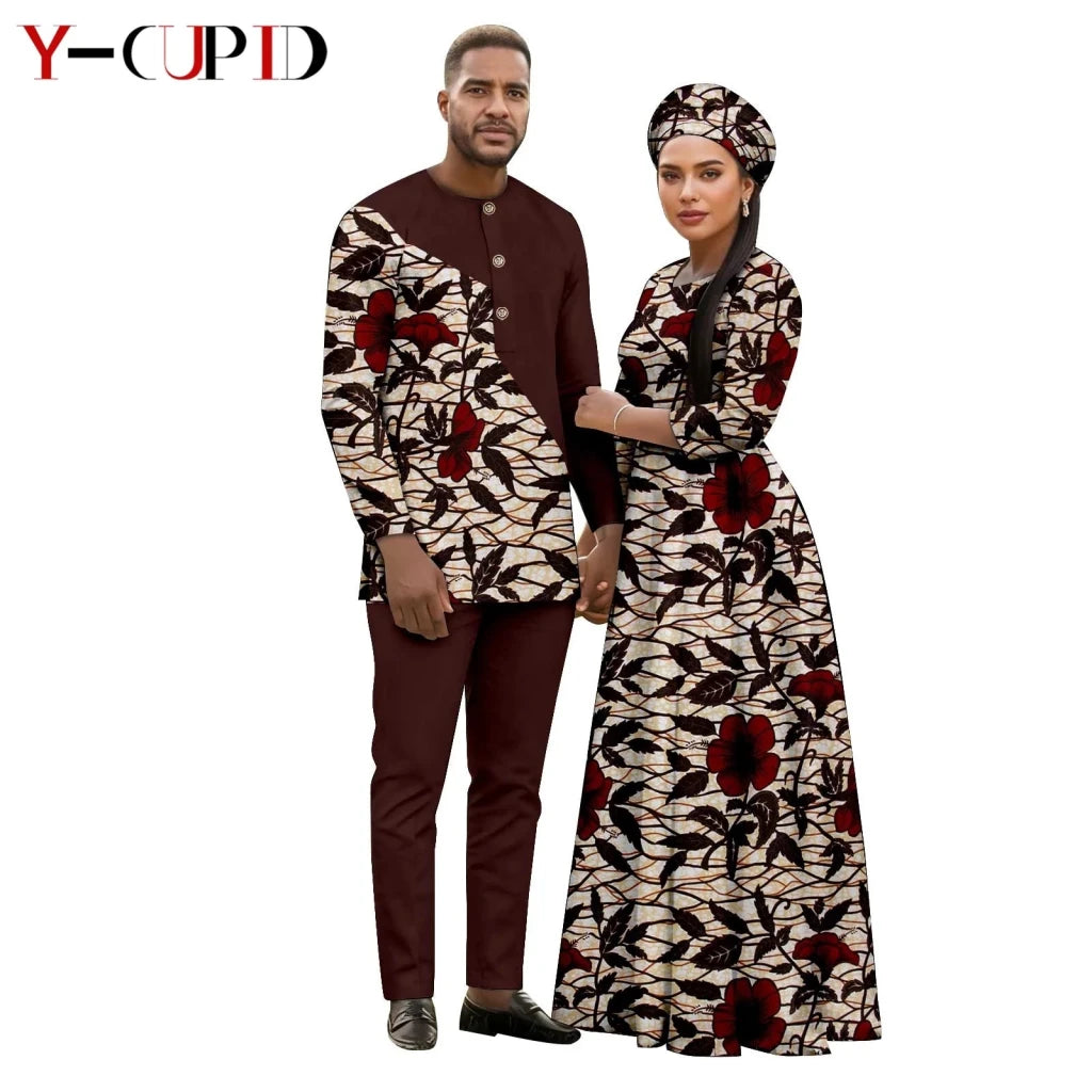 African Print Couple Outfit Set – Women’s Long Tutu Dress & Men’s Dashiki Suit Top and Pants - Free Delivery Worldwide only at Flexi Africa