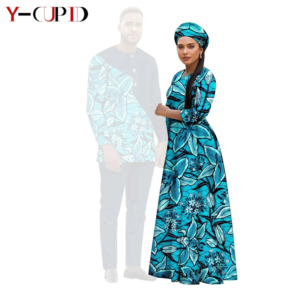 African Print Couple Outfit Set – Women’s Long Tutu Dress & Men’s Dashiki Suit Top and Pants - Free Delivery Worldwide only at Flexi Africa