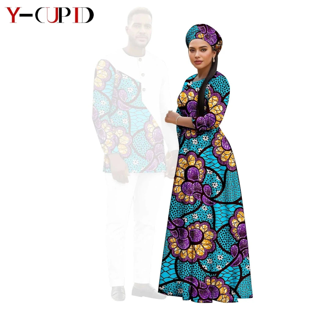 African Print Couple Outfit Set – Women’s Long Tutu Dress & Men’s Dashiki Suit Top and Pants - Free Delivery Worldwide only at Flexi Africa