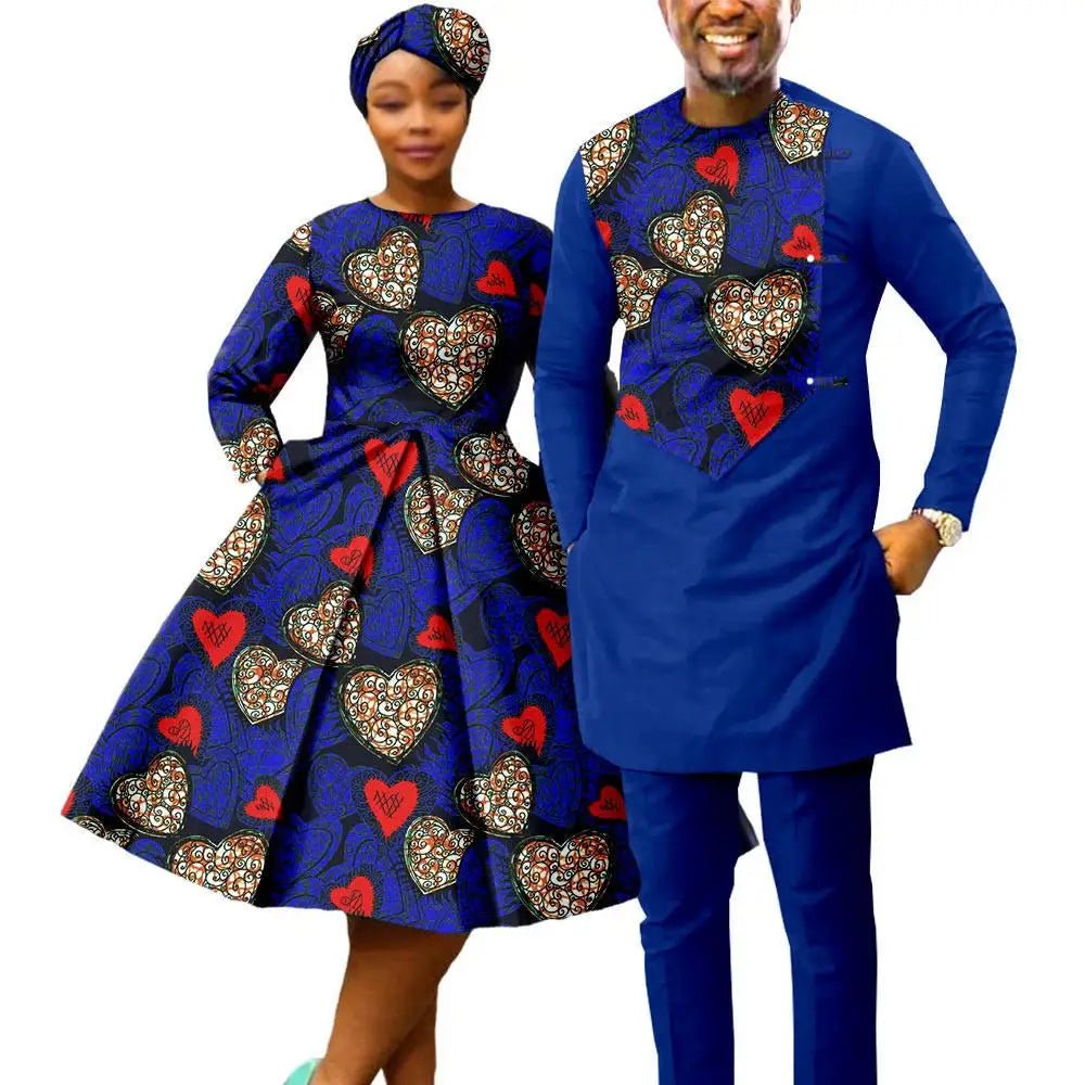 African Print Couples Clothing – Women’s Dress with Headwrap and Men’s Patchwork Top and Pants - Free Delivery Worldwide only at Flexi Africa