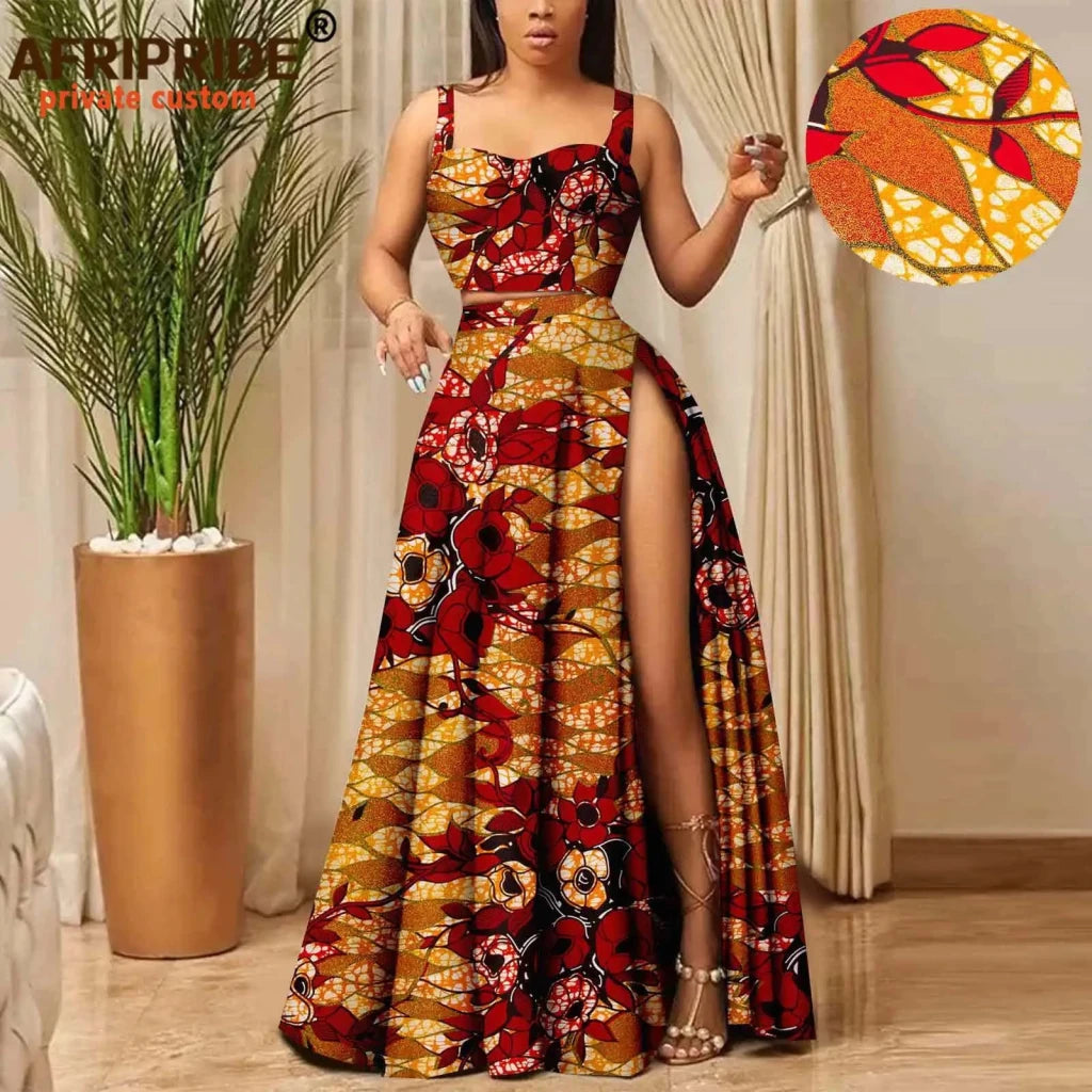 African Print Crop Top and Maxi Skirt Set – Women’s 2PC Ankara Outfit, Traditional Party Wear - Free Delivery Worldwide only at Flexi Africa