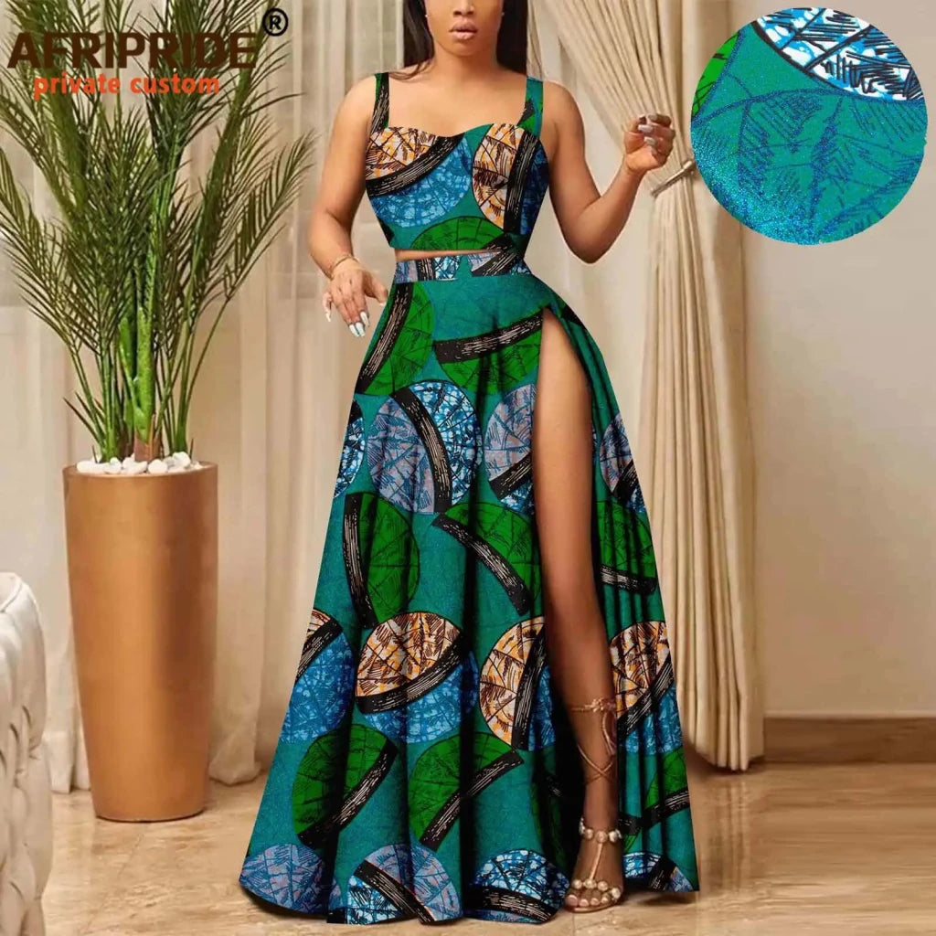 African Print Crop Top and Maxi Skirt Set – Women’s 2PC Ankara Outfit, Traditional Party Wear - Free Delivery Worldwide only at Flexi Africa