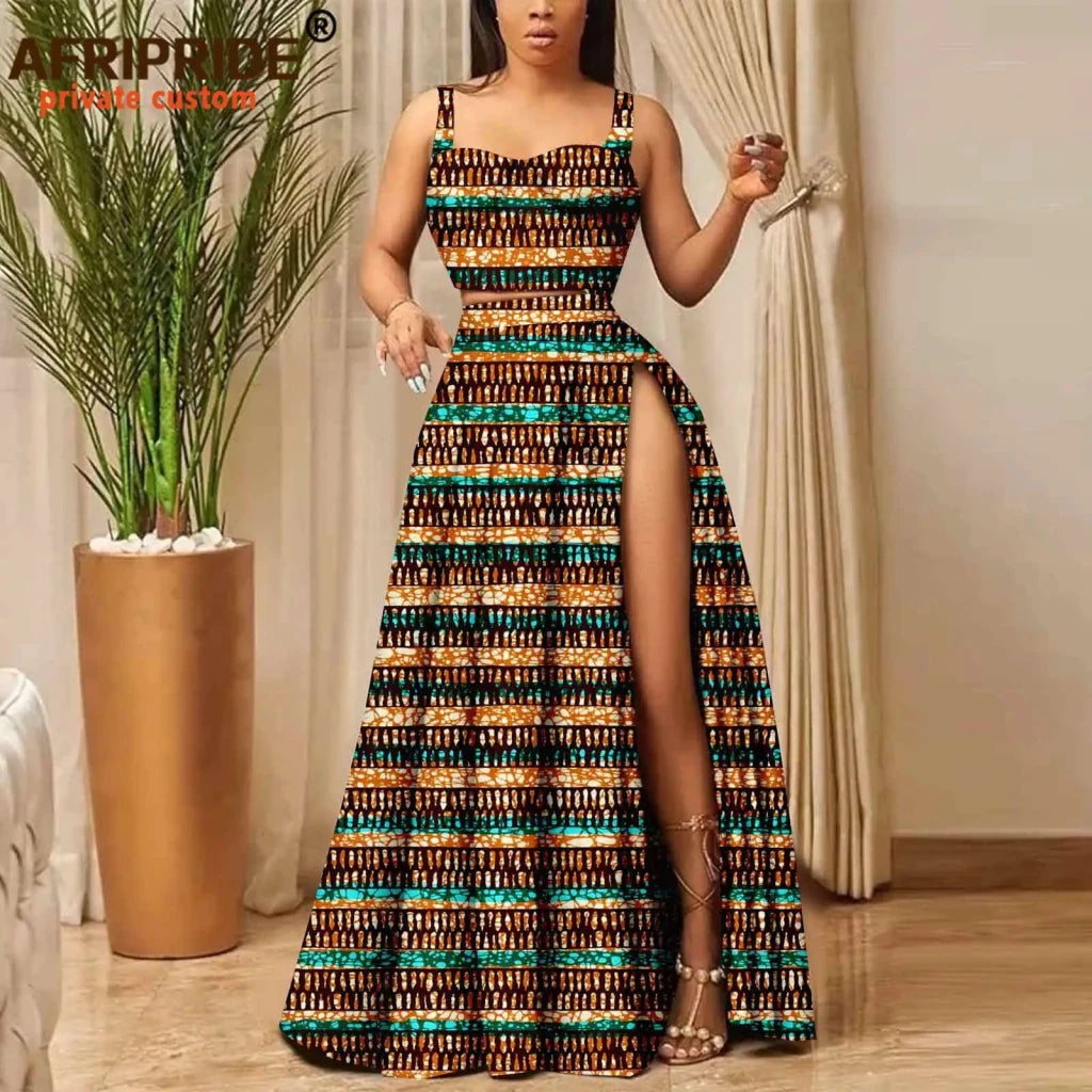 African Print Crop Top and Maxi Skirt Set – Women’s 2PC Ankara Outfit, Traditional Party Wear - Free Delivery Worldwide only at Flexi Africa