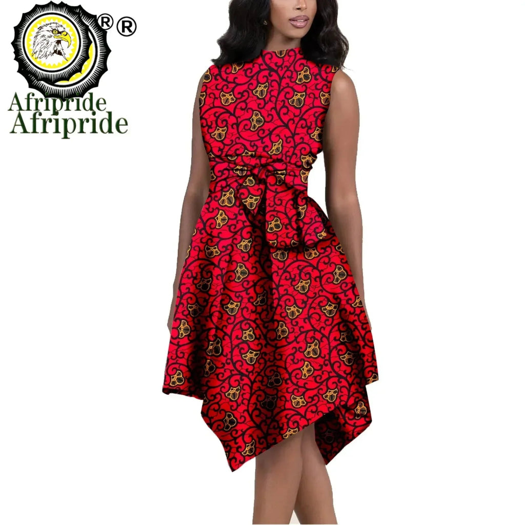 African Print Dresses for Women – Sleeveless Dashiki Ankara Knee Dress with Belt - Free Delivery Worldwide only at Flexi Africa